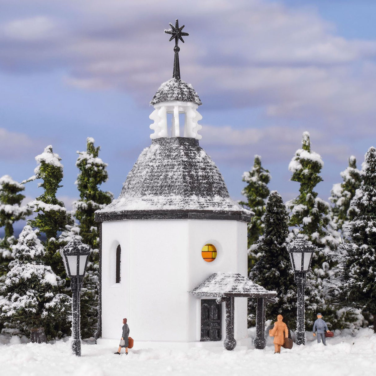 Silent Night Memorial Chapel with LED Lighting and Artificial Snow, Functional Kit