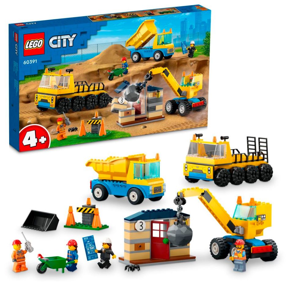 Construction Trucks and Wrecking Ball Crane