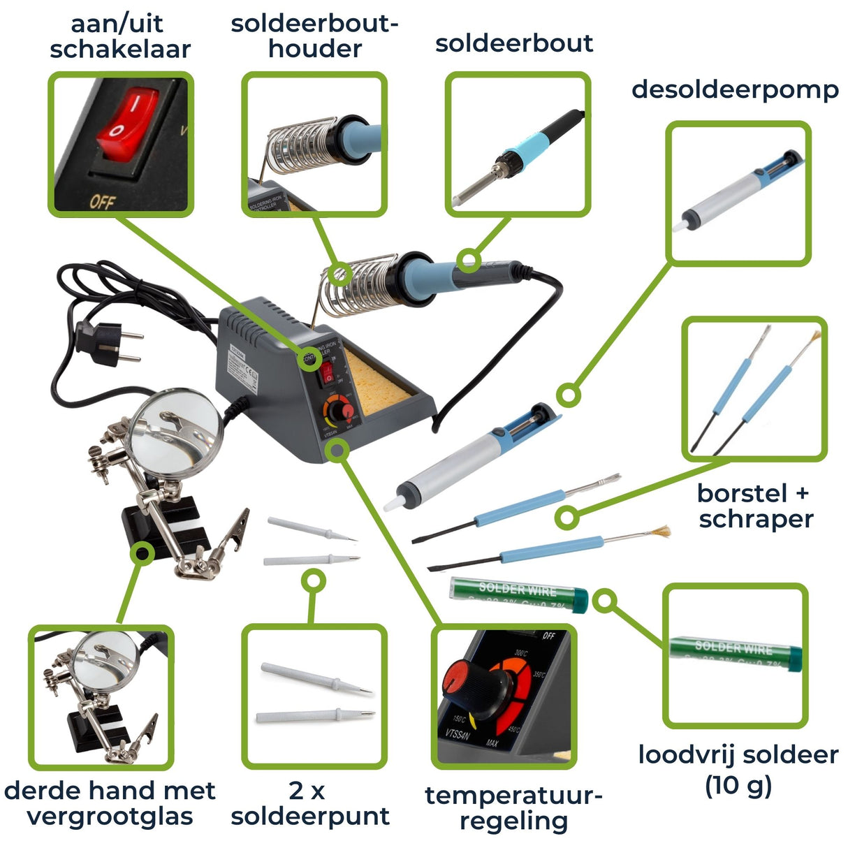 Soldering station set 40–48 W with LED indicator, adjustable temperature 150–480 °C, including accessories, ideal for professionals and DIY enthusiasts