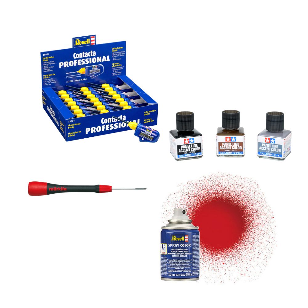 Various modeling tools, adhesives, screwdriver, spray paint - Revell, Märklin, Tamiya