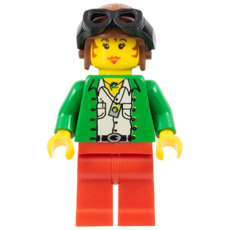 LEGO Minifigure Pippin Reed / Miss Gail Storm – Green Open Shirt, Red Legs, Brown Aviator Cap, Black Goggles adv018