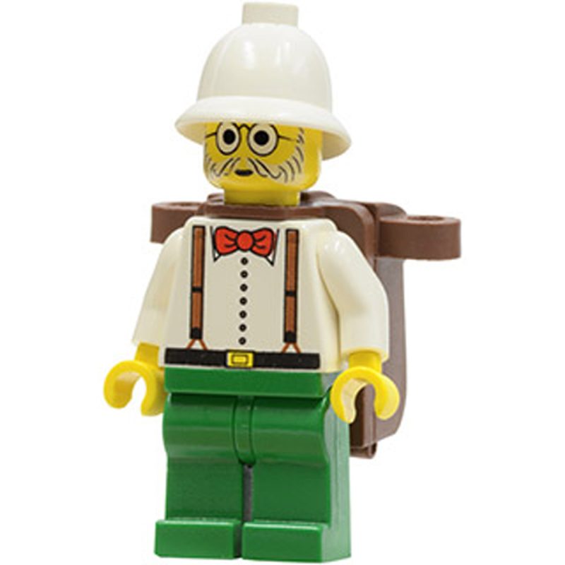 LEGO Minifigure Dr. Kilroy / Dr. Charles Lightning – White Shirt and Suspenders, Green Legs, White Pith Helmet, Brown Backpack adv040