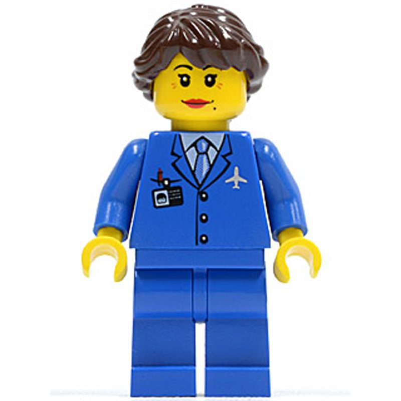 LEGO Minifigure Airport – Blue 3 Button Jacket & Tie, Dark Brown Hair Ponytail Long French Braided air047