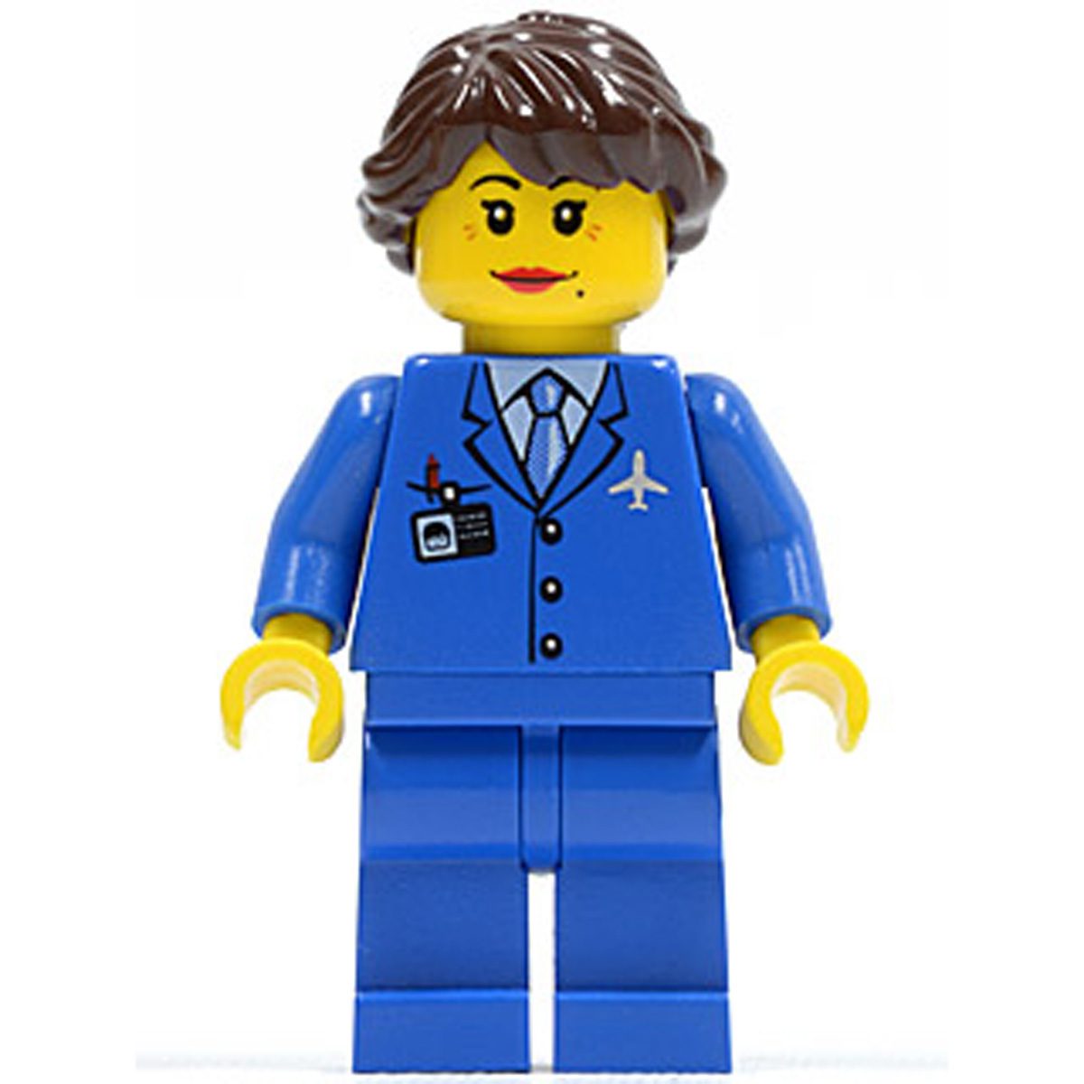 LEGO Minifigure Airport – Blue 3 Button Jacket & Tie, Dark Brown Hair Ponytail Long French Braided air047