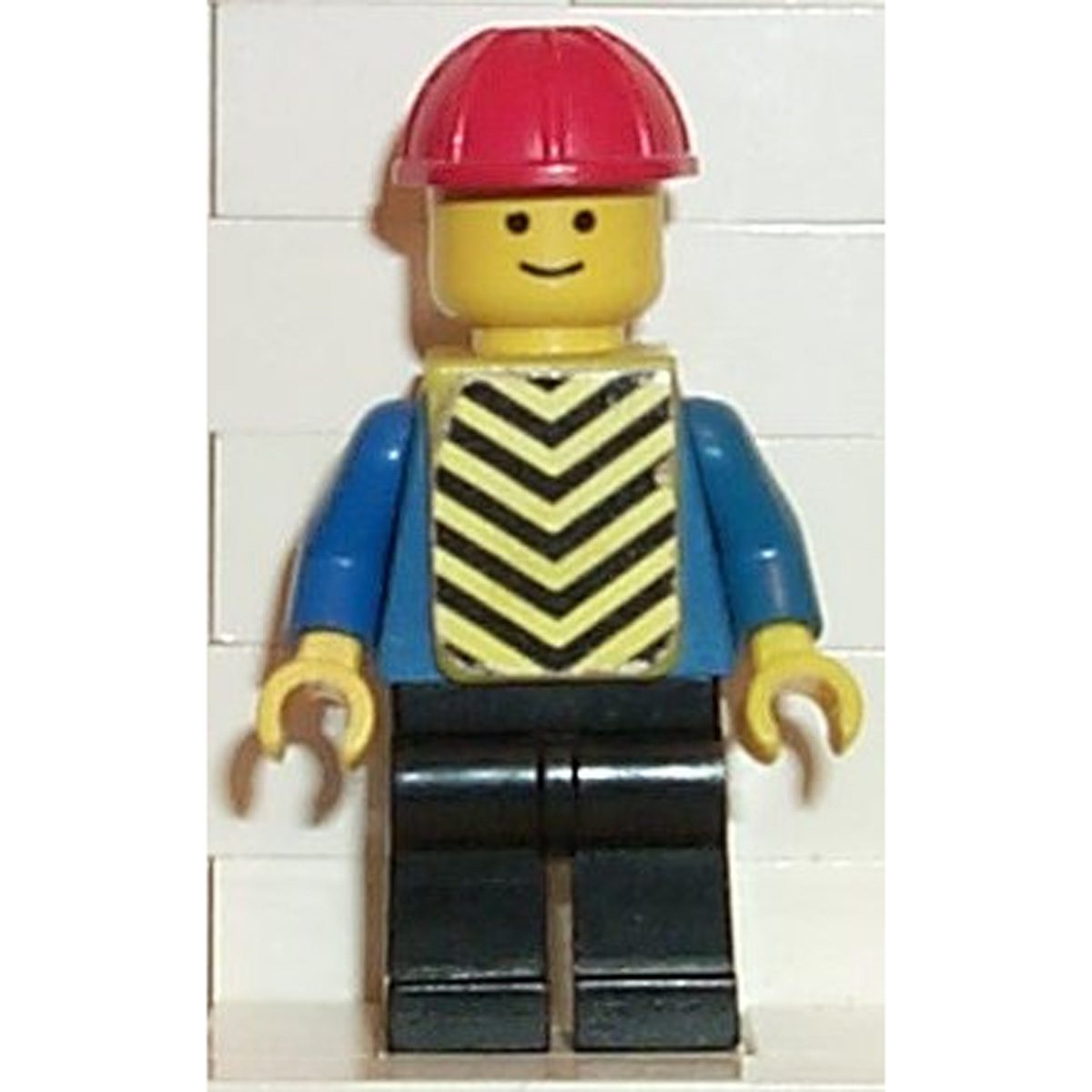 LEGO Minifigure Plain Blue Torso with Blue Arms, Black Legs, Red Construction Helmet, Yellow Vest with Black Chevrons (Stickers) con015s