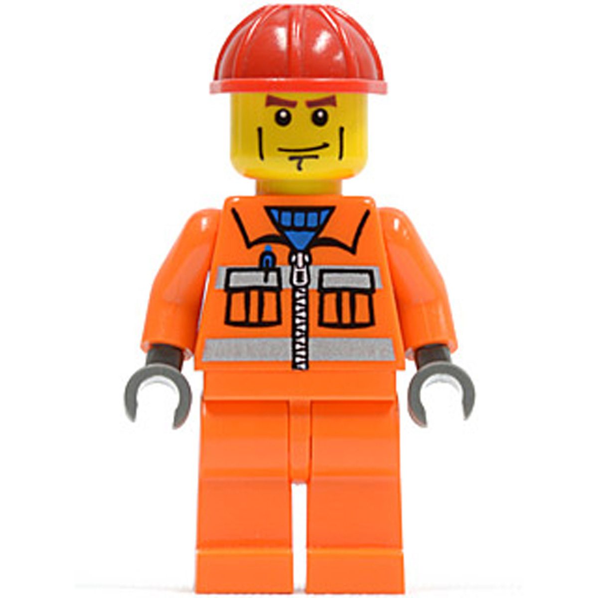 LEGO Minifigure Construction Worker – Orange Zipper, Safety Stripes, Orange Arms, Orange Legs, Red Construction Helmet cty0052