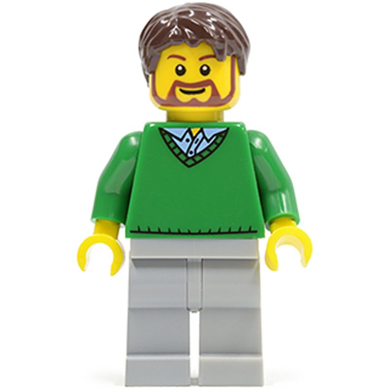 LEGO Minifigure Green V-Neck Sweater, Light Bluish Gray Legs, Dark Brown Tousled Hair cty0194
