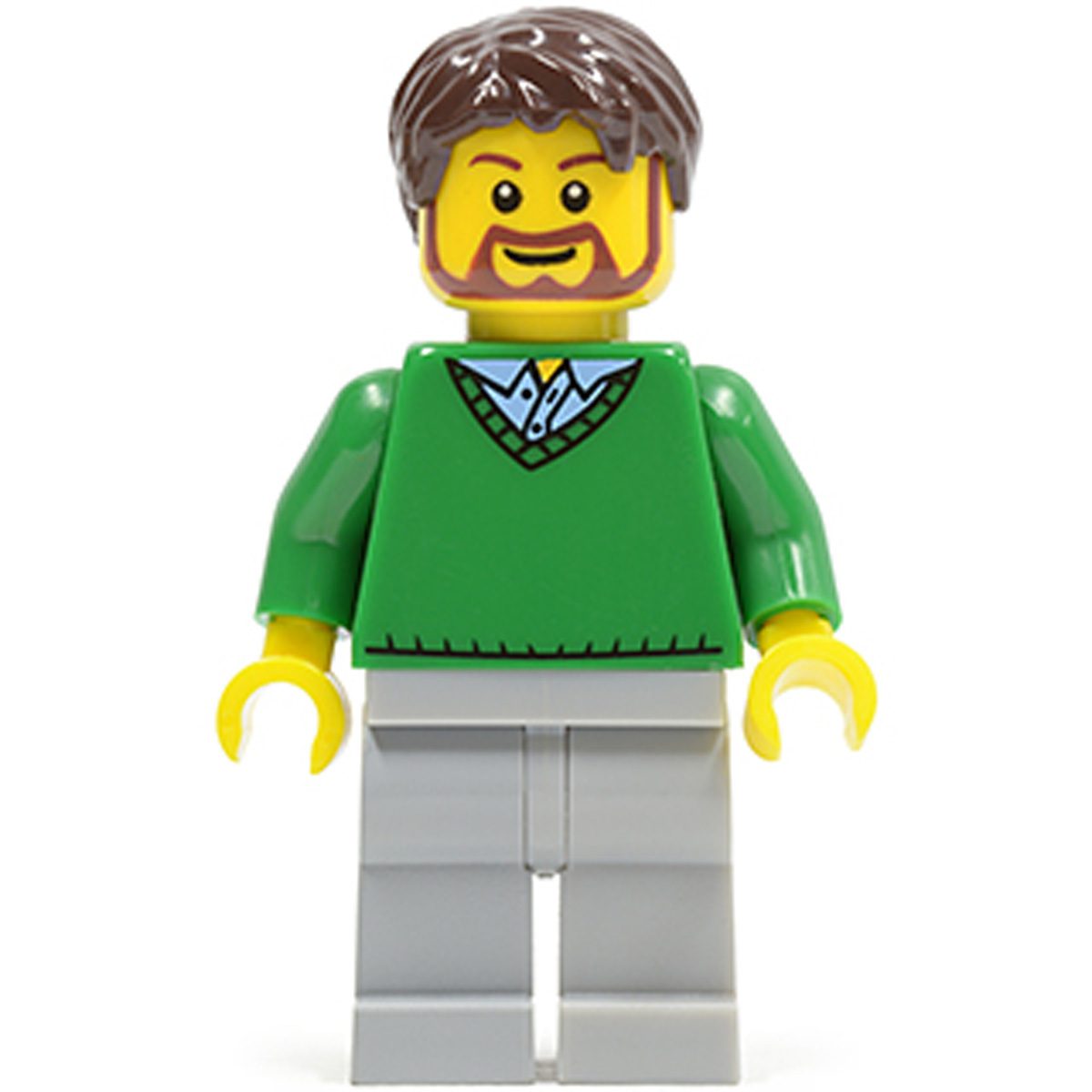 LEGO Minifigure Green V-Neck Sweater, Light Bluish Gray Legs, Dark Brown Tousled Hair cty0194