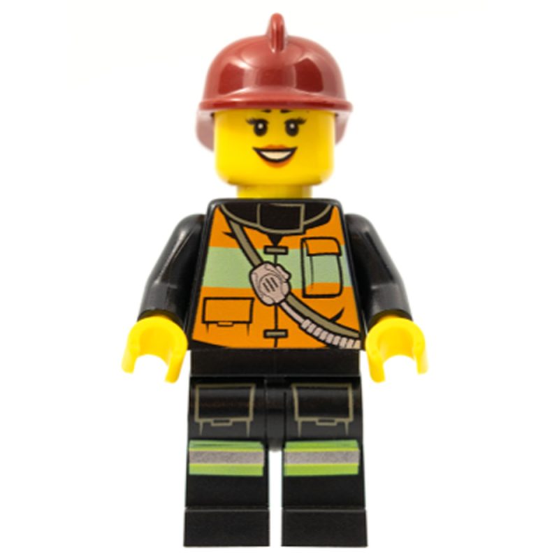 LEGO Minifigure Fire – Reflective Stripe Vest with Pockets and Shoulder Strap, Dark Red Fire Helmet, Black Eyebrows cty0434