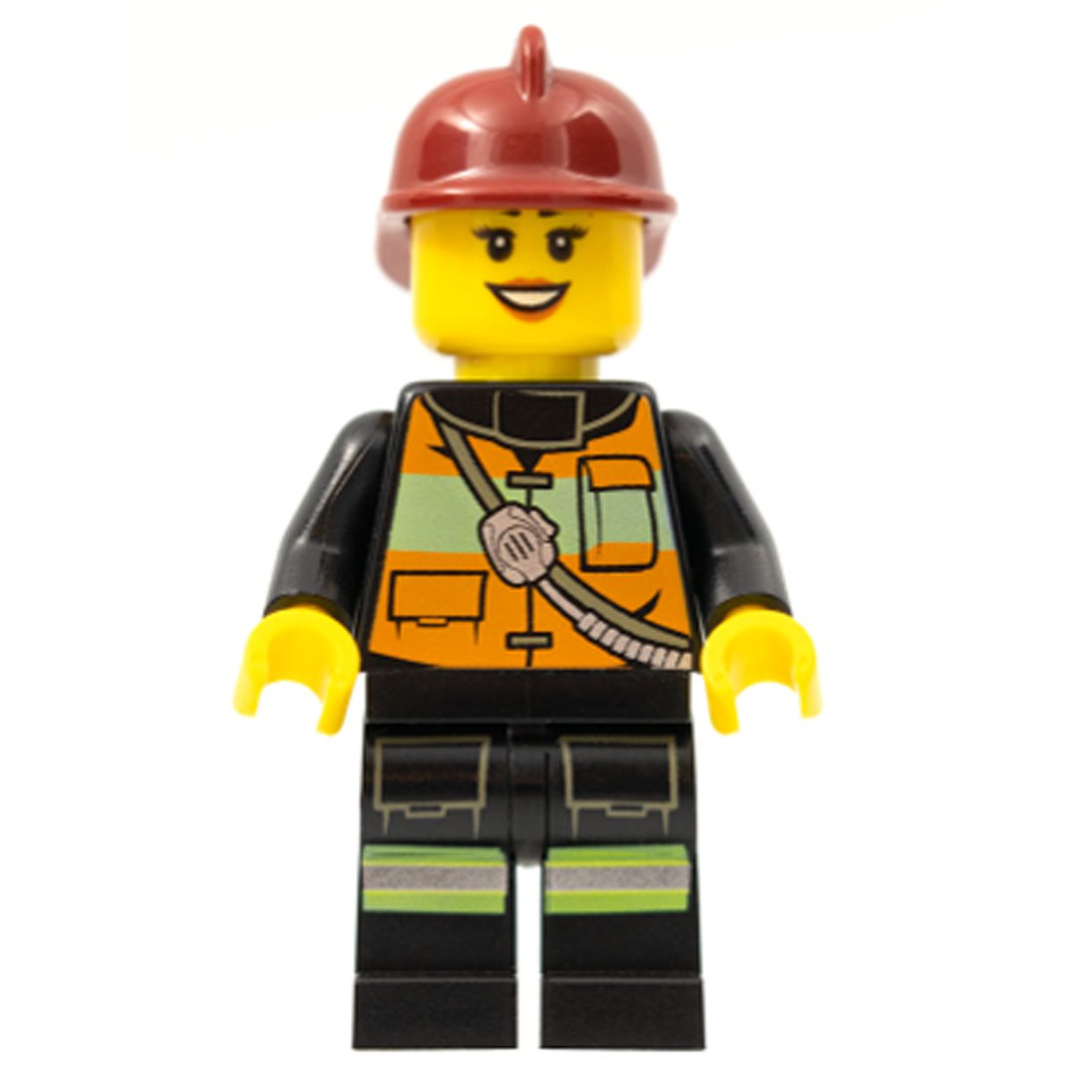 LEGO Minifigure Fire – Reflective Stripe Vest with Pockets and Shoulder Strap, Dark Red Fire Helmet, Black Eyebrows cty0434