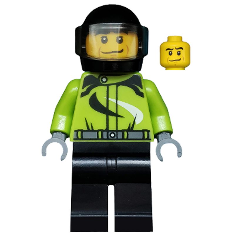 LEGO Minifigure Monster Truck Driver, Racing Suit with Black and White Swirls, Black Helmet with Trans-Brown Visor, Crooked Smile cty0475