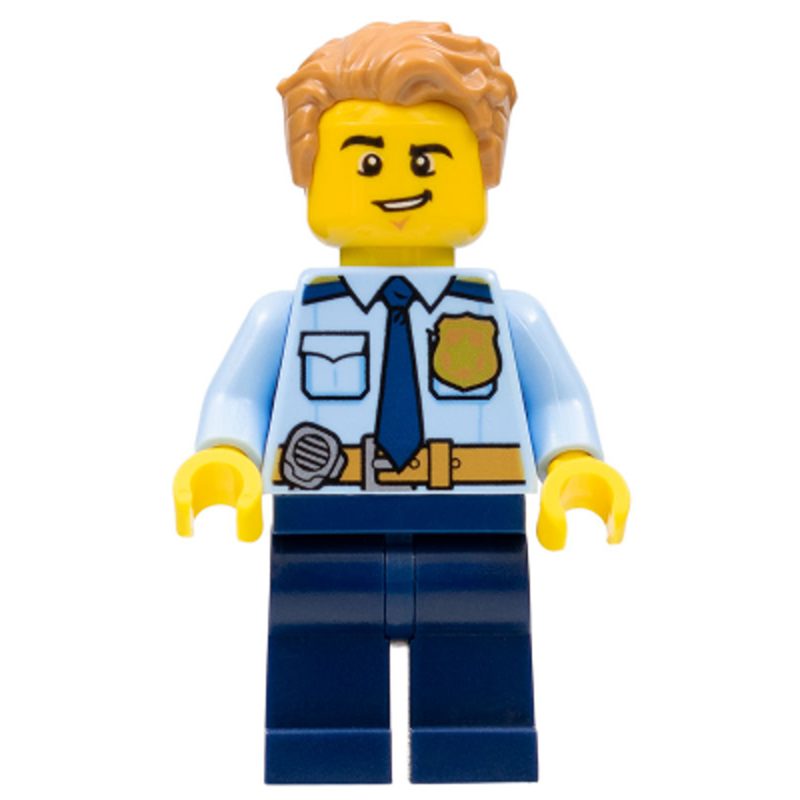 LEGO Minifigure Police – City Officer Shirt with Dark Blue Tie and Gold Badge, Dark Tan Belt with Radio, Dark Blue Legs, Medium Nougat Tousled Hair cty1158