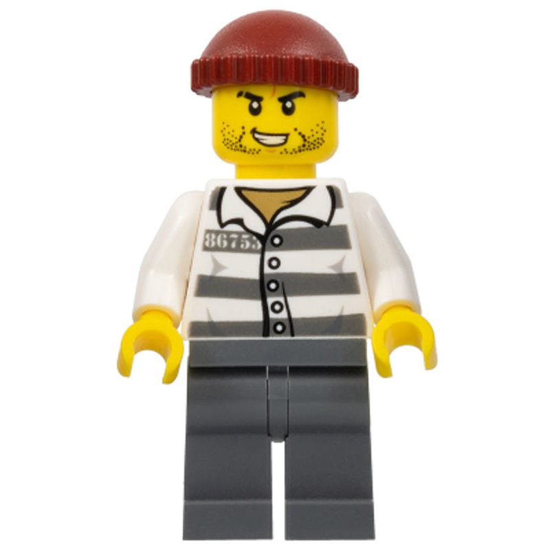 LEGO Minifigure Police – Jail Prisoner 86753 Prison Stripes, Dark Red Knit Cap, Scar, and Stubble cty1159