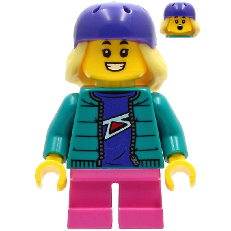 LEGO Minifigure Child – Girl, Dark Turquoise Jacket over Dark Purple Shirt, Dark Pink Short Legs, Dark Purple Bicycle Helmet with Bright Light Yellow Hair cty1230