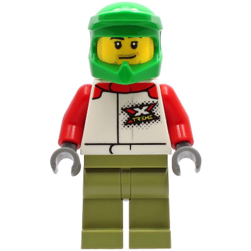 LEGO Minifigure Wheelchair Athlete – Male, White and Red Racing Suit with ‘XTREME’ Logo, Olive Green Legs, Bright Green Dirt Bike Helmet, Stubble cty1231