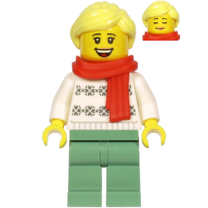 LEGO Minifigure Woman, White Turtleneck Sweater, Sand Green Legs, Bright Light Yellow Hair, Red Scarf hol216