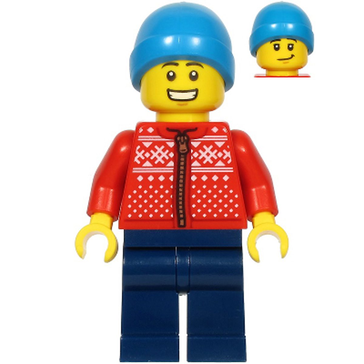 LEGO Minifigure Man, Red Winter Jacket, Dark Blue Legs, Dark Azure Beanie hol217