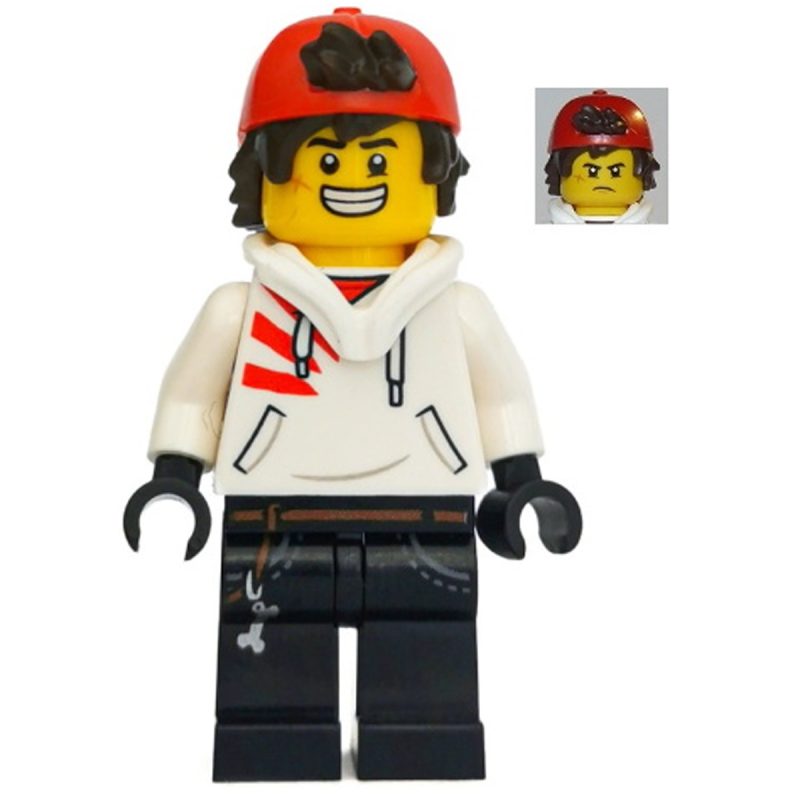LEGO Minifigure Jack Davids – White Hoodie with Backwards Cap and Hood Folded Down (Large Smile / Grumpy) hs043