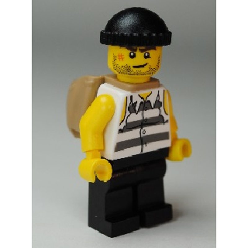 LEGO Minifigure Police – Jail Prisoner Shirt with Prison Stripes and Torn out Sleeves, Black Legs, Black Knit Cap, Open Backpack jail005