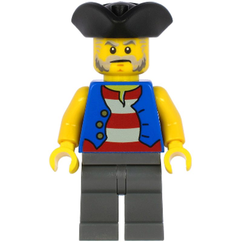 LEGO Minifigure Pirate – Black Pirate Triangle Hat, Blue Vest, Dark Bluish Gray Legs pi186