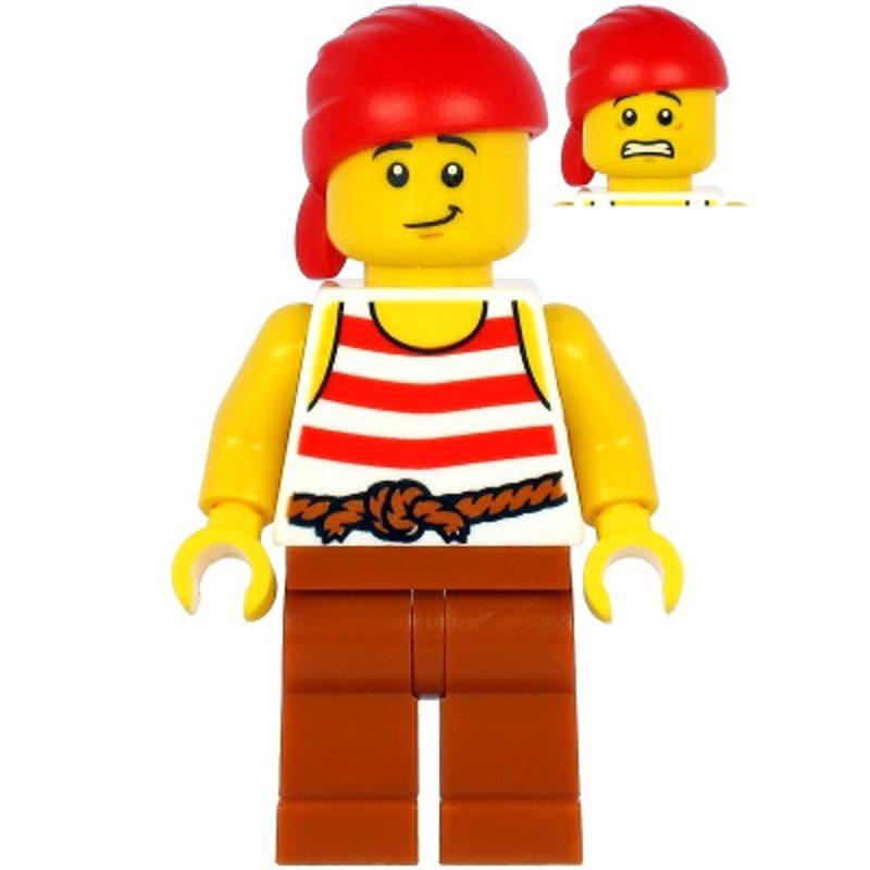 LEGO Minifigure Pirate – Red Bandana, White Shirt with Red Stripes, Dark Orange Legs pi187