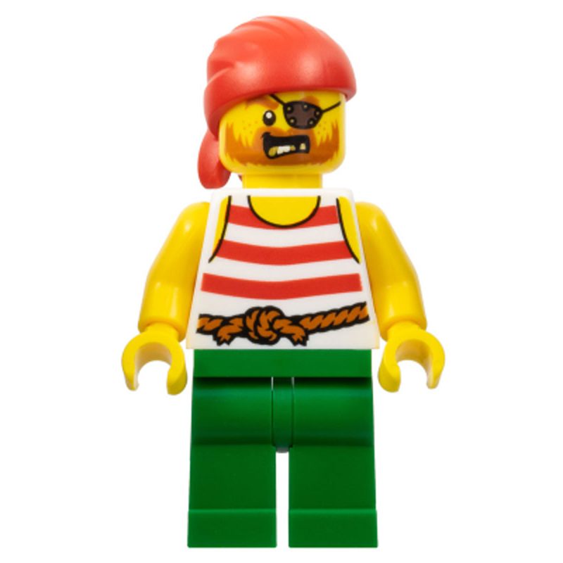 LEGO Minifigure Pirate – Male, Red Bandana, White Shirt with Red Stripes, Green Legs, Eye Patch pi190