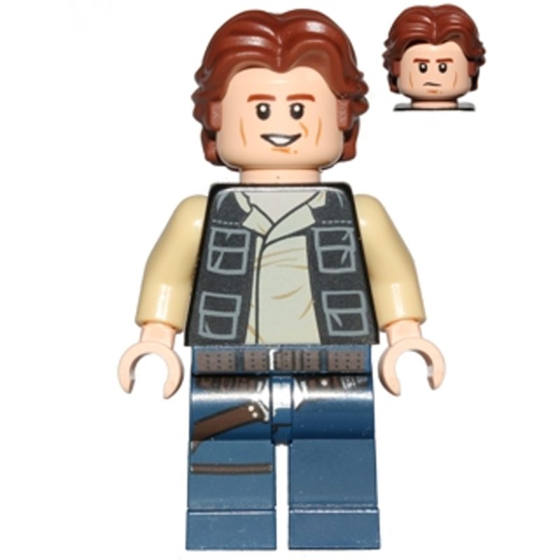 LEGO Minifigure Han Solo – Black Vest with Pockets over Tan Shirt with Dark Tan Creases, Dark Blue Legs with Belts, Wavy Hair sw0771