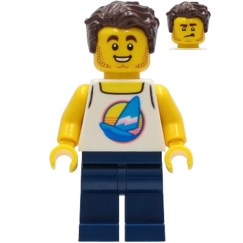 LEGO Minifigure Surfer – Male, White Tank Top with Dark Azure Sailboat, Dark Blue Legs, Dark Brown Hair twn407