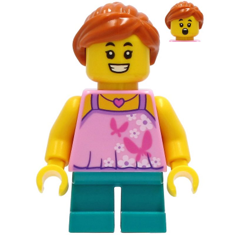 LEGO Minifigure Tourist – Girl, Bright Pink Top with Butterflies and Flowers, Dark Turquoise Short Legs, Dark Orange Hair twn408
