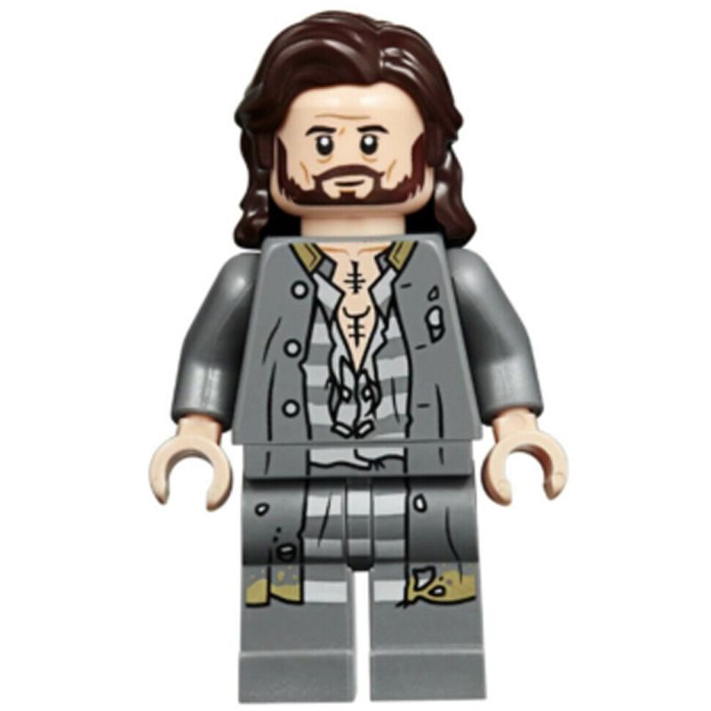 LEGO Minifigure hp174 Sirius Black – Dark Brown Hair, Dark Bluish Gray Jacket over Tattered Striped Shirt, Printed Legs