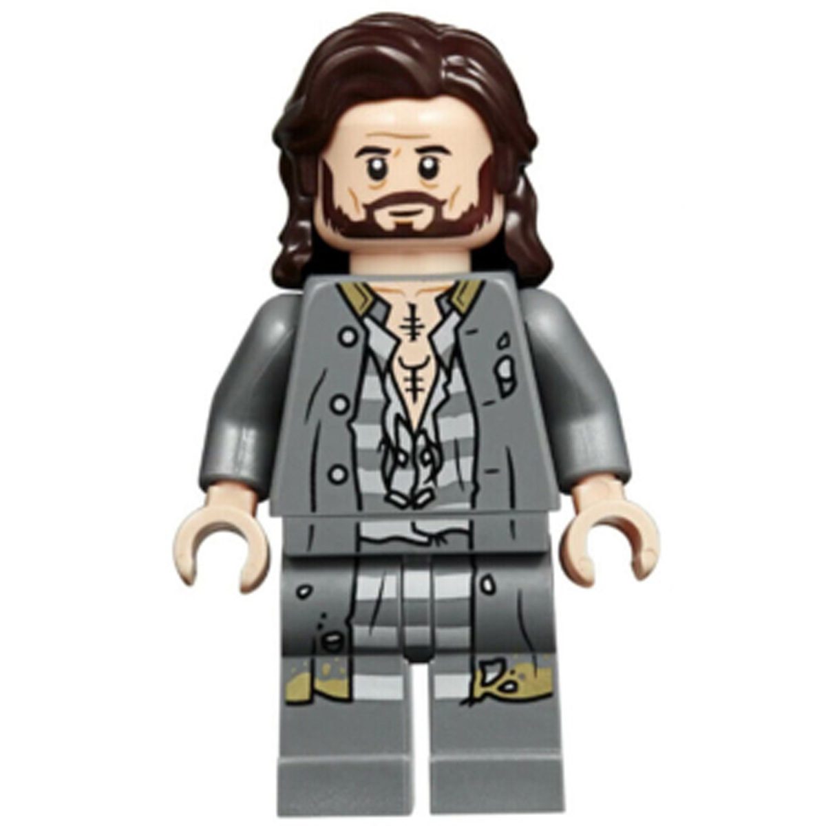 LEGO Minifigure hp174 Sirius Black – Dark Brown Hair, Dark Bluish Gray Jacket over Tattered Striped Shirt, Printed Legs